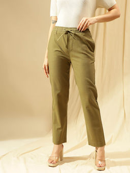Xpose - Women Olive Straight Fit Cotton Linen Trousers