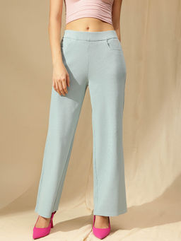 Xpose - Women Sky Blue Ribbed Wide Leg High Rise Trousers