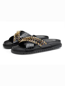 SHUTIQ - Gold Rebel Black Leather Slides