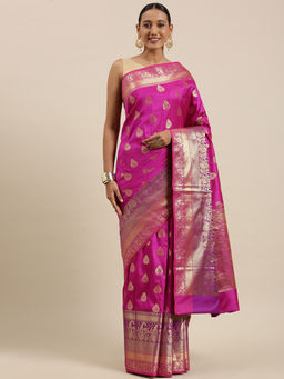 Banarasi Silk Works - Women Purple Cotton Saree with Unstitched Blouse