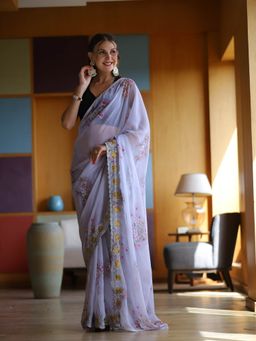 Odette - Women's Blue Georgette Printed Saree with Unstitched Blouse