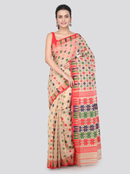PinkLoom - Womens soft Cotton Jamdani Saree without Blouse -Beige