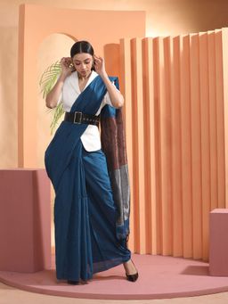 Beatitude - Blue Handspun Cotton Saree with Unstitched Blouse