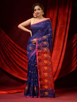 CHARUKRITI - Royal Blue Blended Cotton Ethnic Motifs and Floral Borders Saree with Unstitched Blouse
