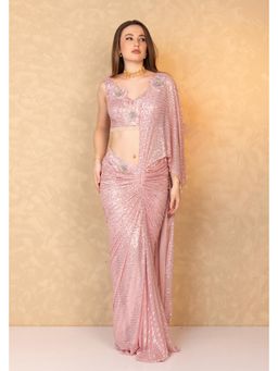 RCKC Aurum - Women Champagne Pink Luxe Pre-Draped Saree with Stitched Blouse
