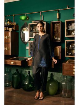 MEESA - Black Embroidered Raw Silk Kurta with Pant and Dupatta