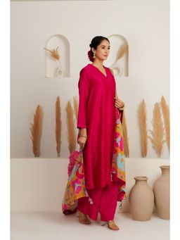 Monika Mathuria Datta - Chanderi Gulab Pink Kurta with Palazzo and Dupatta