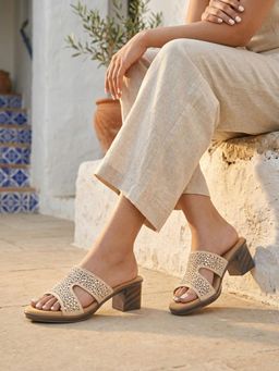 ROCIA - By Regal Beige Women Laser Cut Embellished Block Heel Sandals