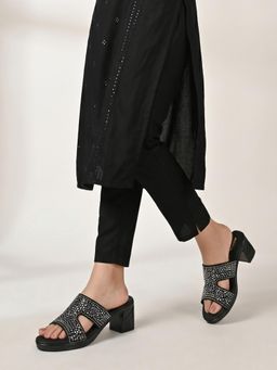 ROCIA - By Regal Black Women Laser Cut Embellished Block Heel Sandals