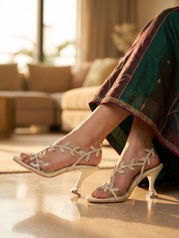 ROCIA - By Regal Gold Women Diamante Leaf Design Stylish Stiletto Heels
