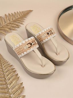 ROCIA - By Regal Beige Women Jute Embellished Resort Wear Platform Wedges