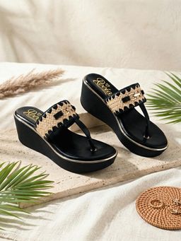 ROCIA - By Regal Black Women Jute Embellished Resort Wear Platform Wedges