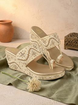 ROCIA - By Regal Gold Women Heavy Embroidered Bridal Platform Wedges