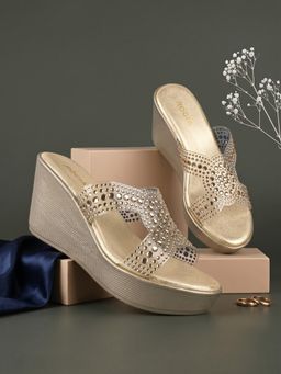 ROCIA - By Regal Gold Women Diamond Studded Vinyl Platform Wedges