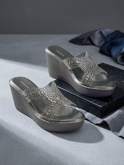 ROCIA - By Regal Gun Metal Women Diamond Studded Vinyl Platform Wedges