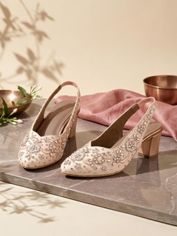 ROCIA - By Regal Rose Gold Women Heavy Embroidered Block Heel Sling Back Sandals