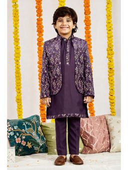 Vastramay - Boys Purple Velvet Kurta, Jacket and Pyjama