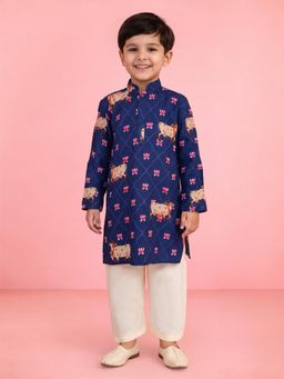 Vastramay - Boys Blue Floral Print Cotton Kurta and Pyjama