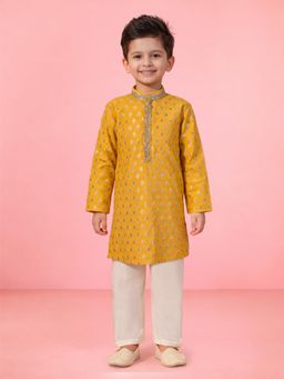 Vastramay - Boys Mustard Jacquard Silk Blend Kurta and Pyjama