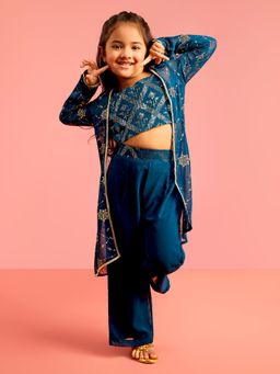 Vastramay - Girls Turquoise Sequin Embellished Top, Jacket with Palazzo