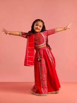 Vastramay - Girls Red Print Lehenga, Choli with Dupatta