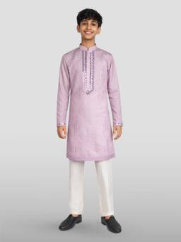 Vastramay - Boys Onion Pink Silk Blend Mirror Work Kurta and Pyjama