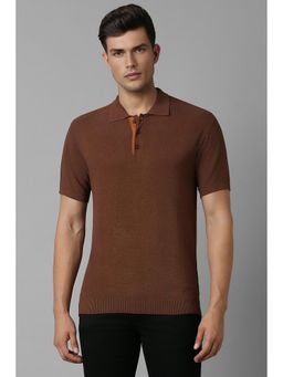 Louis Philippe - Men Brown Textured Collar Neck Polo T-Shirt