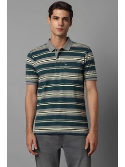 Louis Philippe - Men Green Stripes Collar Neck Polo T-Shirt