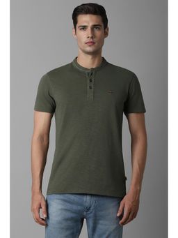 Louis Philippe - Men Olive Textured Henley Neck T-Shirt