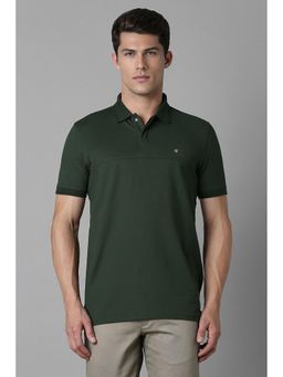 Louis Philippe - Men Olive Textured Collar Neck Polo T-Shirt