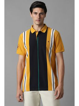 Louis Philippe - Men Yellow Stripes Collar Neck Polo T-Shirt