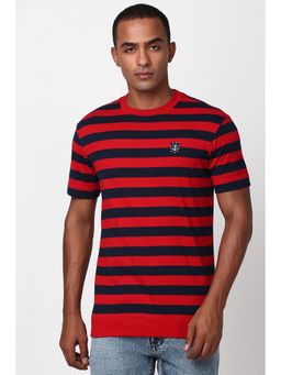 Peter England - Men Red Stripes Crew Neck T-Shirt