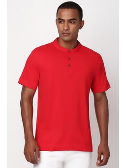 Peter England - Men Red Solid Mandarin Neck Round Neck T-Shirt