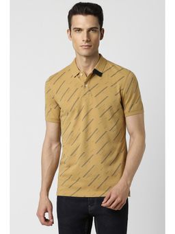Peter England - Men Yellow Printed Collar Neck Polo T-Shirt