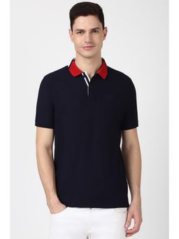 Peter England - Men Navy Solid Collar Neck Polo T-Shirt