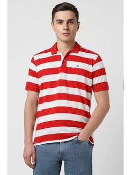 Peter England - Men Red Stripes Collar Neck Polo T-Shirt