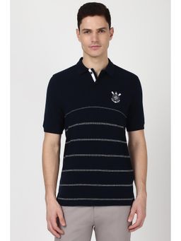 Peter England - Men Navy Stripes Collar Neck Polo T-Shirt