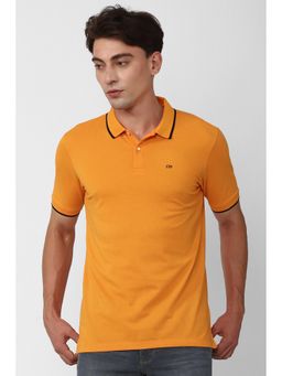 Peter England - Men Orange Solid Collar Neck Polo T-Shirt