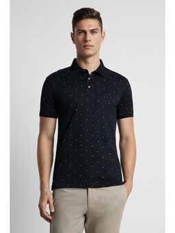 Peter England - Men Black Printed Collar Neck Polo T-Shirt