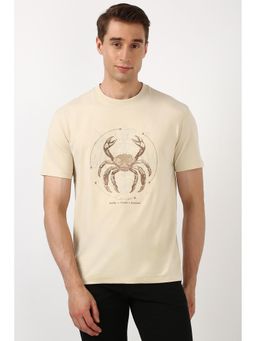 Peter England - Men Beige Embroidered Crew Neck T-Shirt