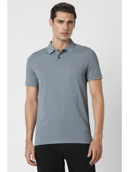 Peter England - Men Grey Textured Collar Neck Polo T-Shirt