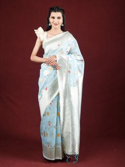 EXCLUSIVA - Blue Linen Zari Woven Work Saree with Unstitched Blouse