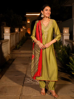 Juniper - Green Zari Embroidered Viscose Kurta Pant with Dupatta (Set of 3)