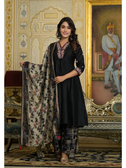 Juniper - Black Thread Embroidered Viscose Kurta Pant with Dupatta (Set of 3)