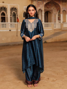 Juniper - Blue Ethnic Motif Printed Satin Kurta Pant with Dupatta (Set of 3)