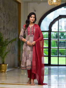 Juniper - Multi Color Ethnic Motif Printed Muslin Kurta Pant with Dupatta (Set of 3)