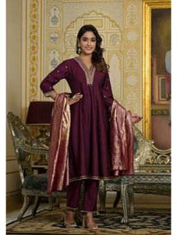 Juniper - Wine Zari Embroidered Viscose Kurta Pant with Dupatta (Set of 3)