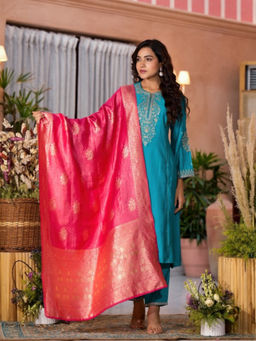 Juniper - Turquoise Zari Embroidered Viscose Kurta Pant with Dupatta (Set of 3)