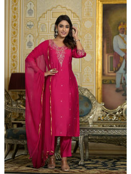 Juniper - Fuchsia Zari Embroidered Viscose Kurta Pant with Dupatta (Set of 3)