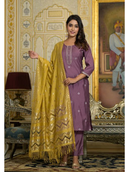 Juniper - Mauve Zari Embroidered Viscose Kurta Pant with Dupatta (Set of 3)